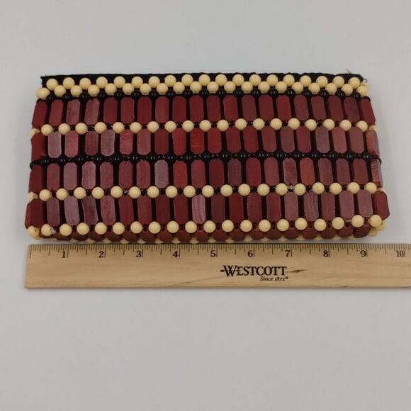 Wood Beaded Boho Clutch Purse Reddish Brown, Black, and Cream